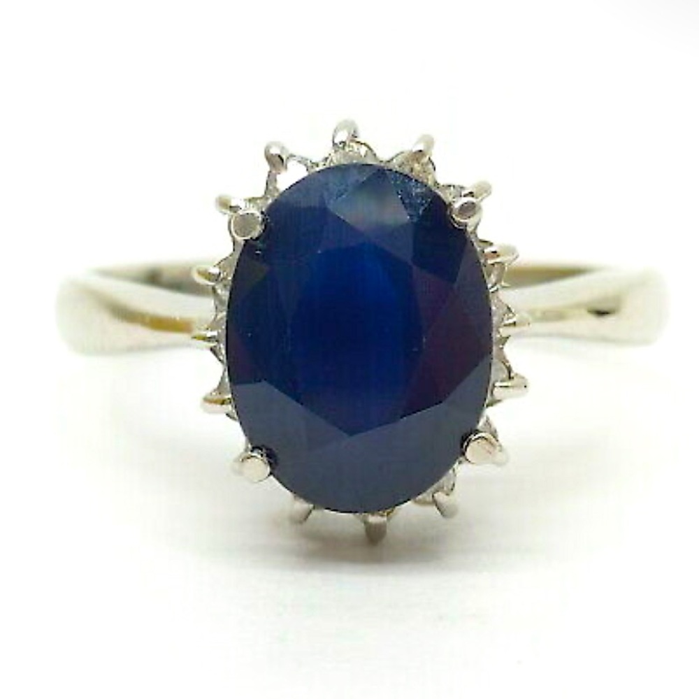 4.5ct Natural Blue Sapphire w White Diamond Halo Princess Diana Engagement Ring